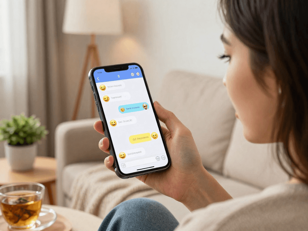 Youthful woman engaging in playful porn chat AI conversation on smartphone in cozy setting.