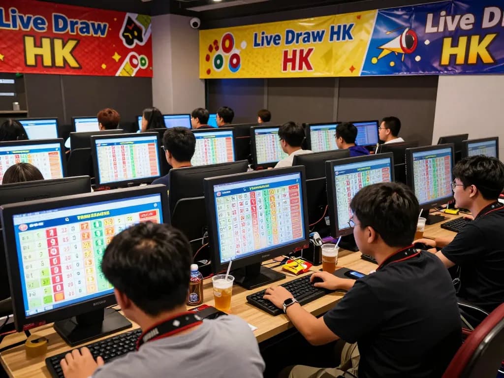 Exciting Togel Hongkong players engaging with data HK in a vibrant gaming environment, showcasing digital draws and community interaction.