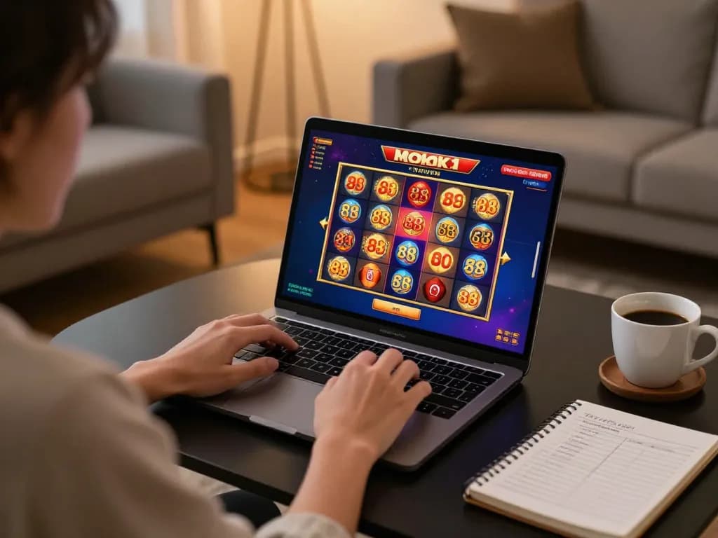 Player engaging with rokok 88 slot game on laptop, showcasing modern online casino setup