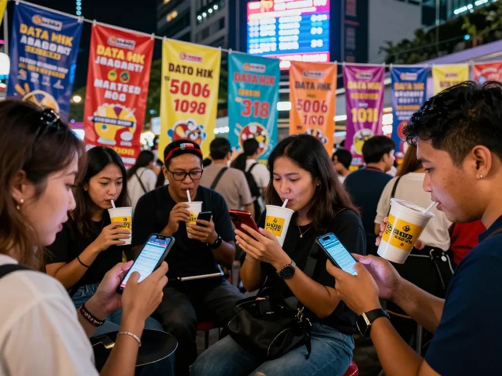 People checking Data HK results in a lively urban gathering, showcasing the excitement of Togel Hongkong.