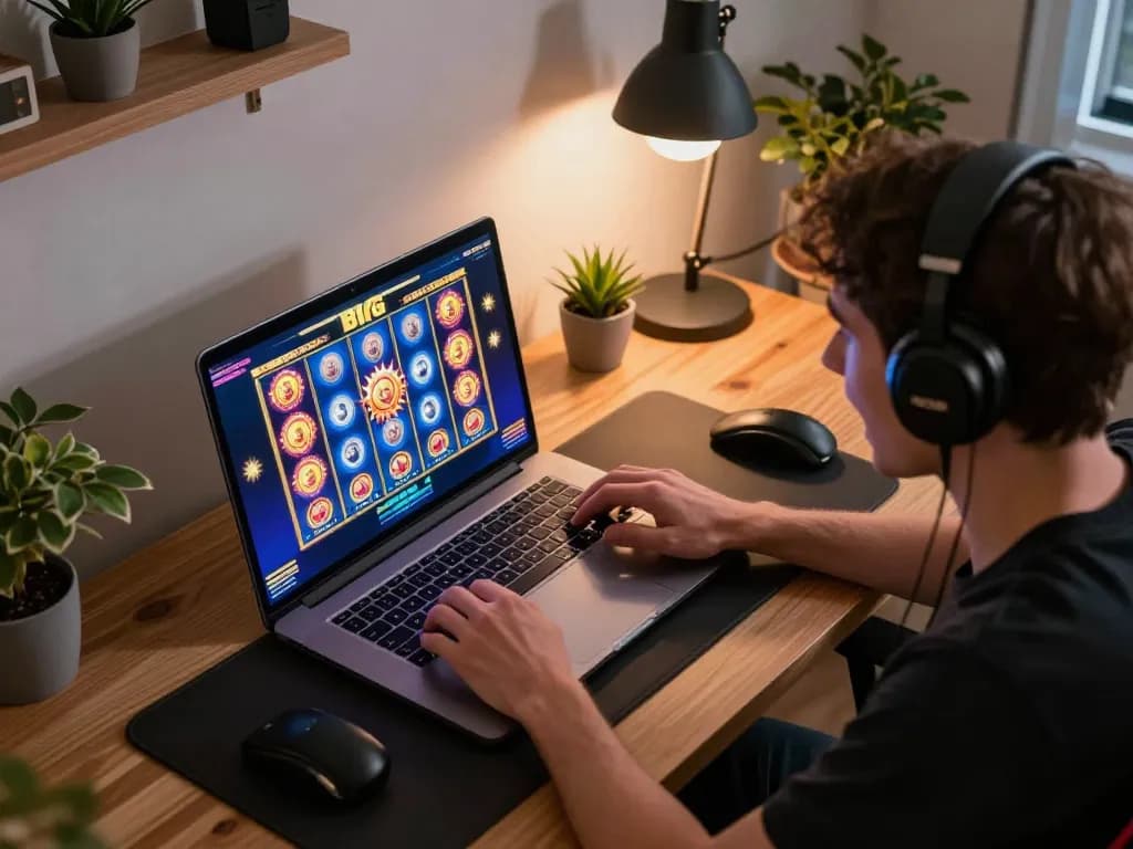 Player engaging with a situs slot game interface, showcasing exciting wins in a cozy home setup