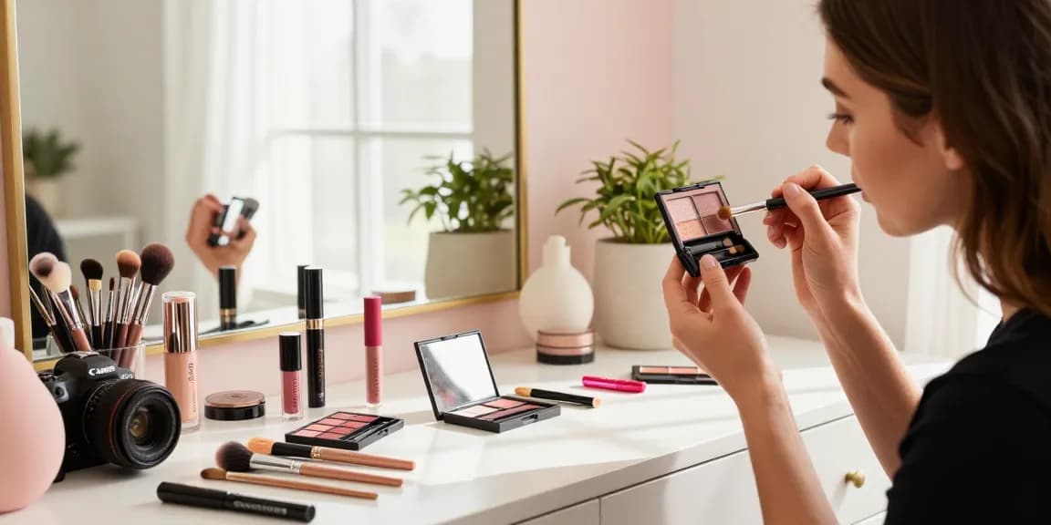 Model with champagne eyeshadow applied at a beauty studio, showcasing Skone Cosmetics products and warm natural light.