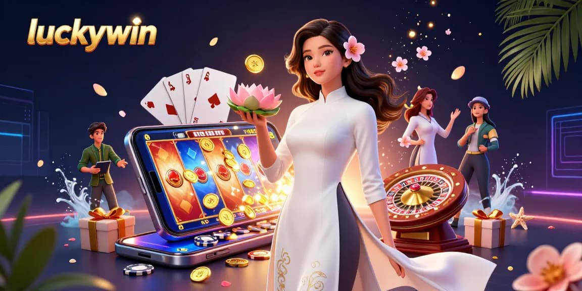 Experience thrilling games at luckywin with a graceful Asian woman holding a lotus flower, surrounded by vibrant gaming elements.