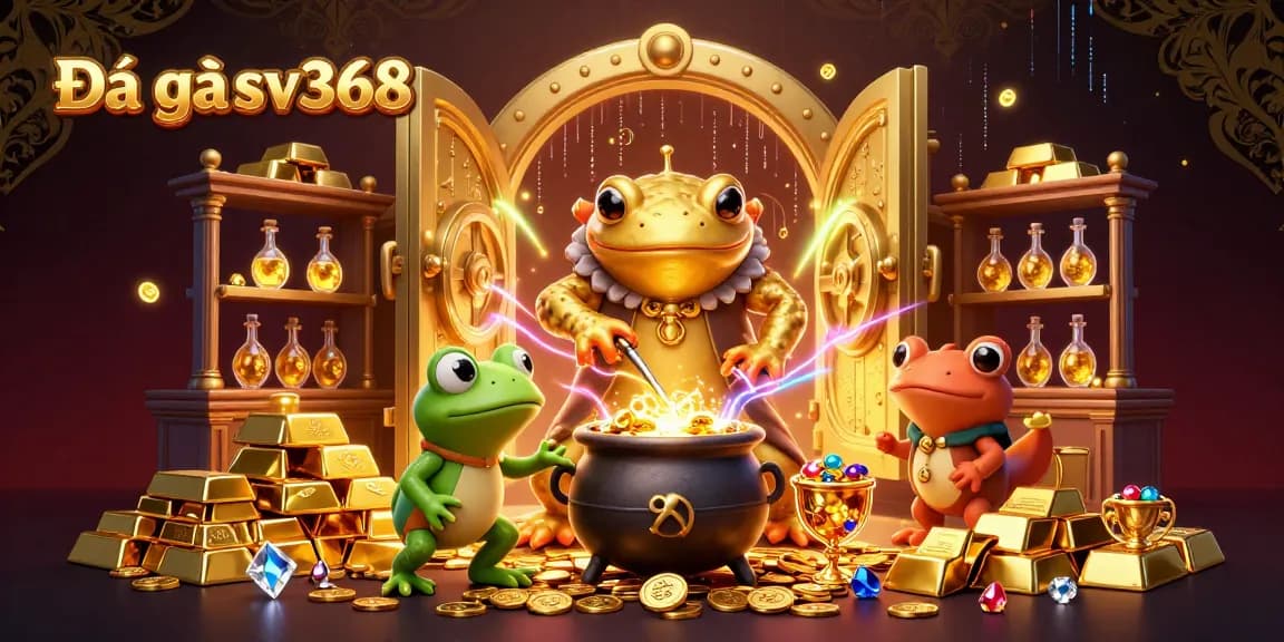 Bet on Đá gà sv368 in a vibrant, luxurious 3D illustration of alchemists creating gold.