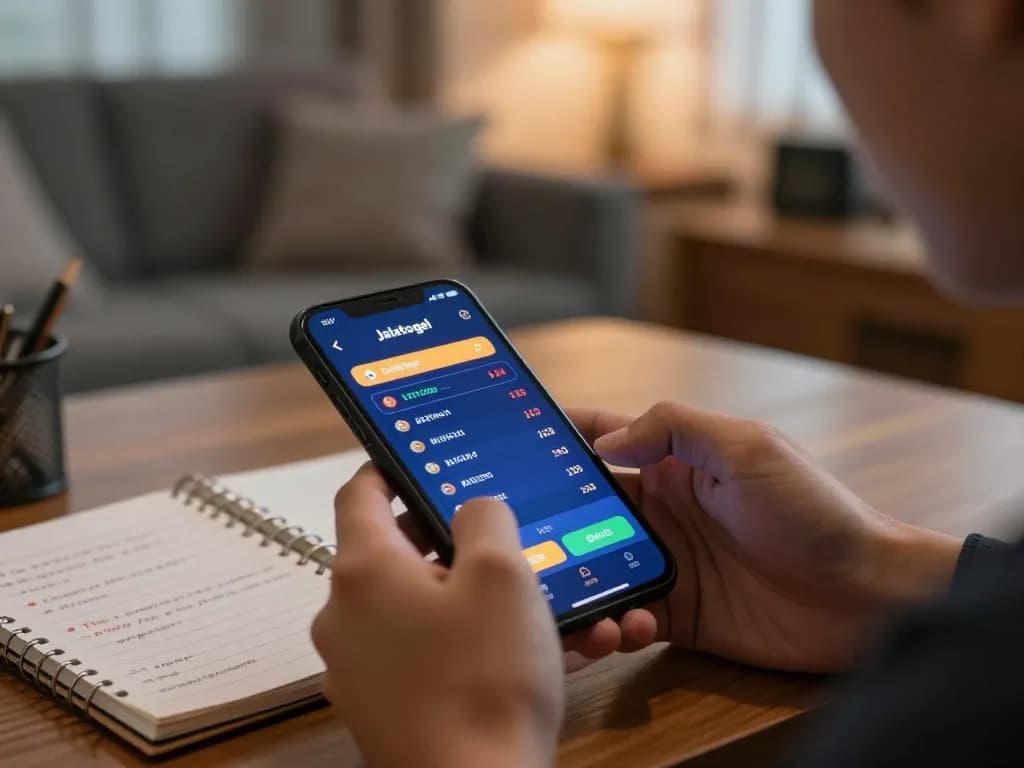 Pemain berinteraksi dengan aplikasi Jalatogel di perangkat mobile, menampilkan taruhan langsung dan hasilnya.