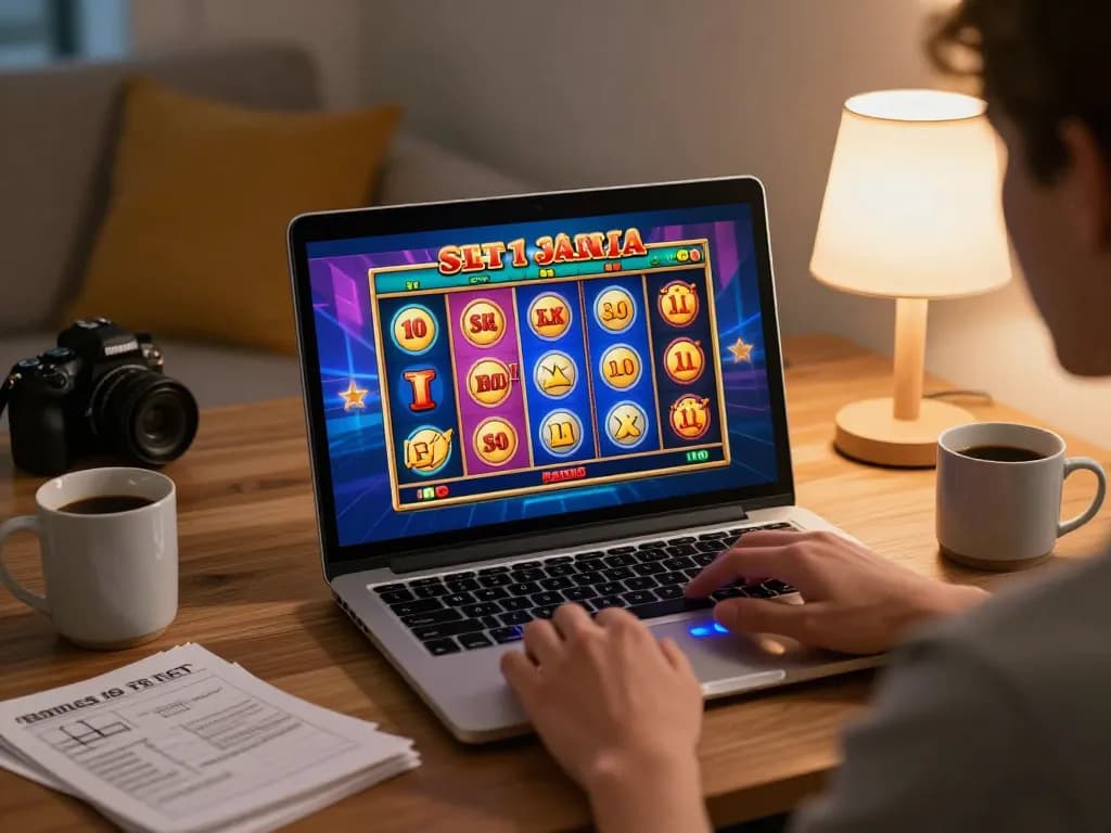 Engage with situs slot on a laptop, enjoying vibrant online gaming in a cozy home setting.