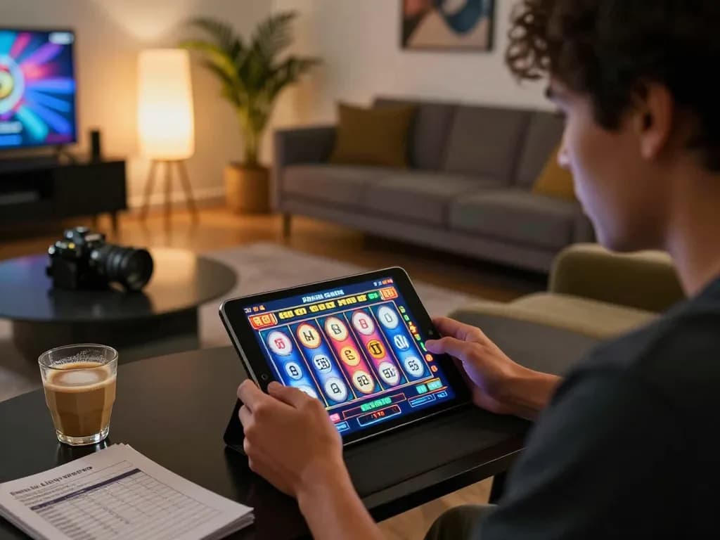 Player enjoying slot gacor gaming on tablet in a cozy home environment, showcasing vibrant reels and warm atmosphere.