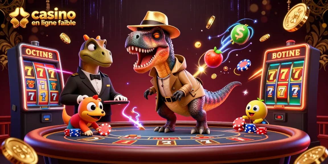 Jouez dans un casino en ligne fiable avec un velociraptor comptant les cartes, illustrant une scène dynamique de jeux.