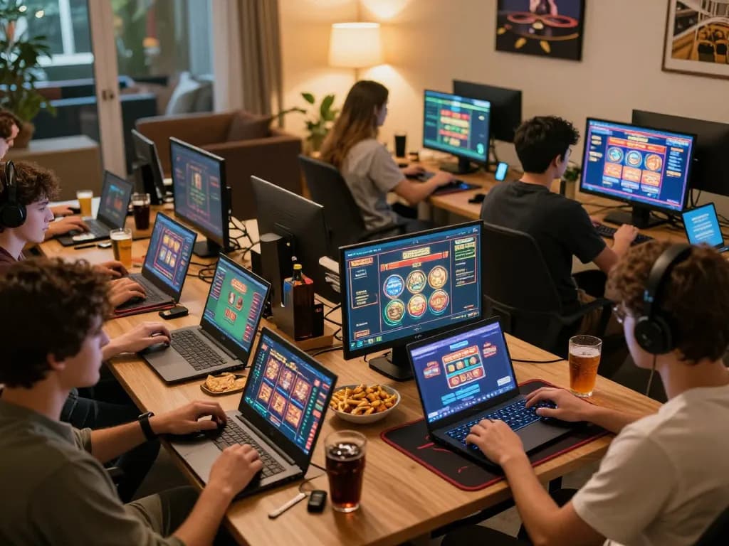 Players engaging in online casino games with luck8biz represented on screens, illustrating a social gambling atmosphere.