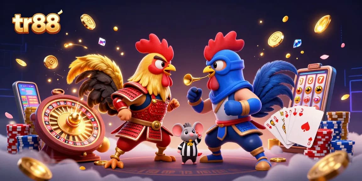 tr88 shows thrilling goosebumps in a dramatic casino battle with roosters and gaming elements.
