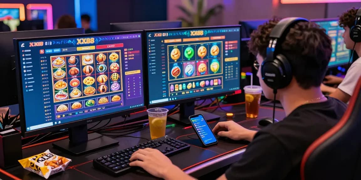 Excited player enjoying SC88 online gaming experience with dual monitors and modern decor