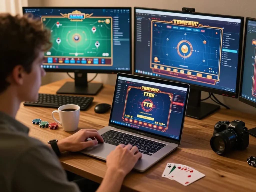 Player engaging with TT88 online casino on laptop at a cozy gaming setup.