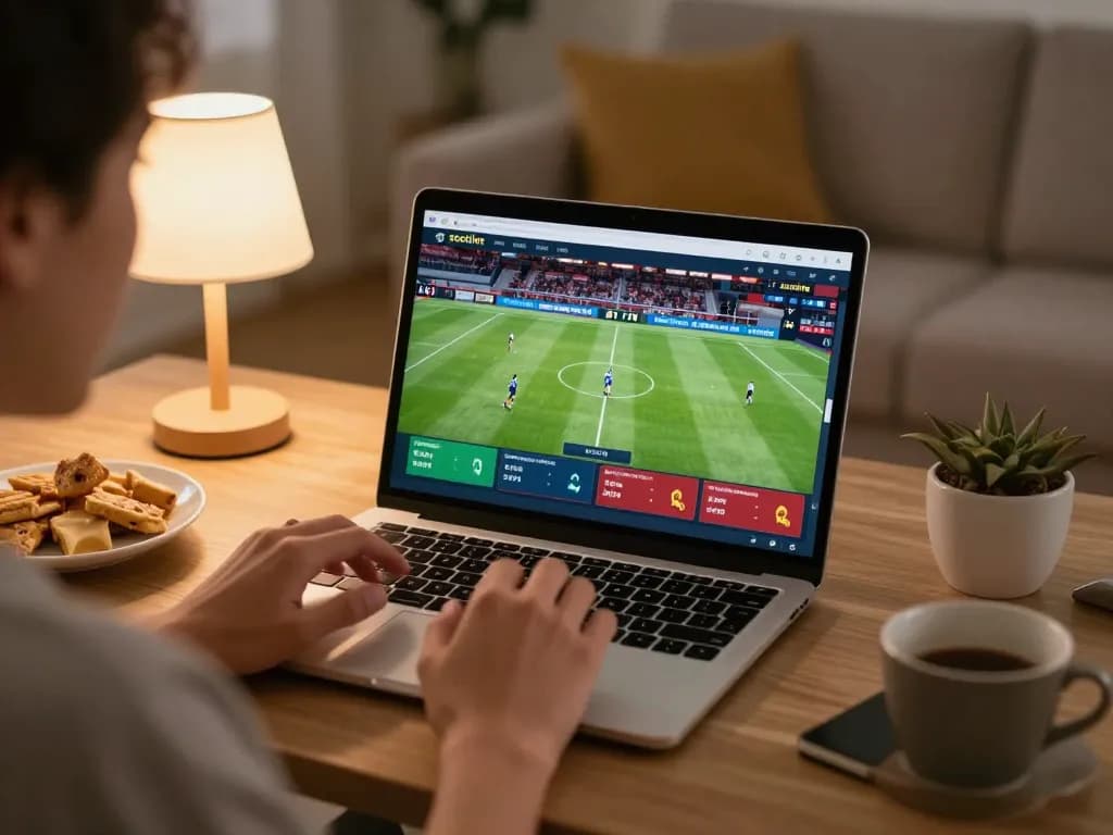 Enjoying live soccer stream on socolive with laptop in a cozy living room setup