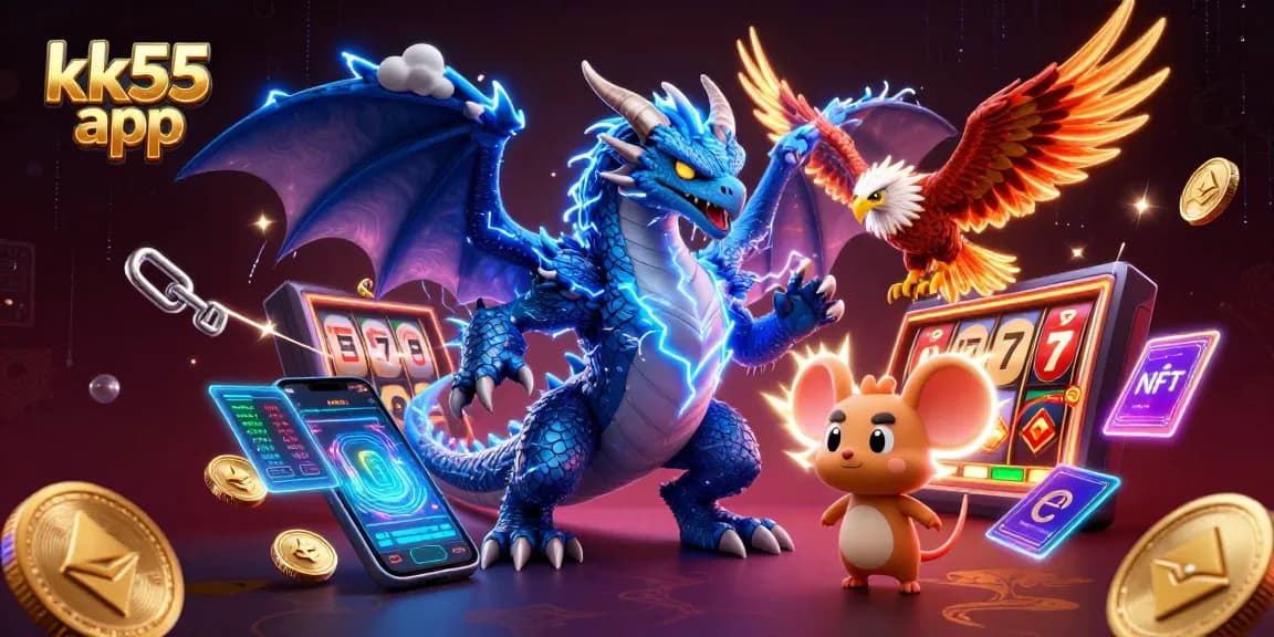 Engage with the kk55 app in an electrifying casino-themed 3D illustration featuring dynamic game elements.