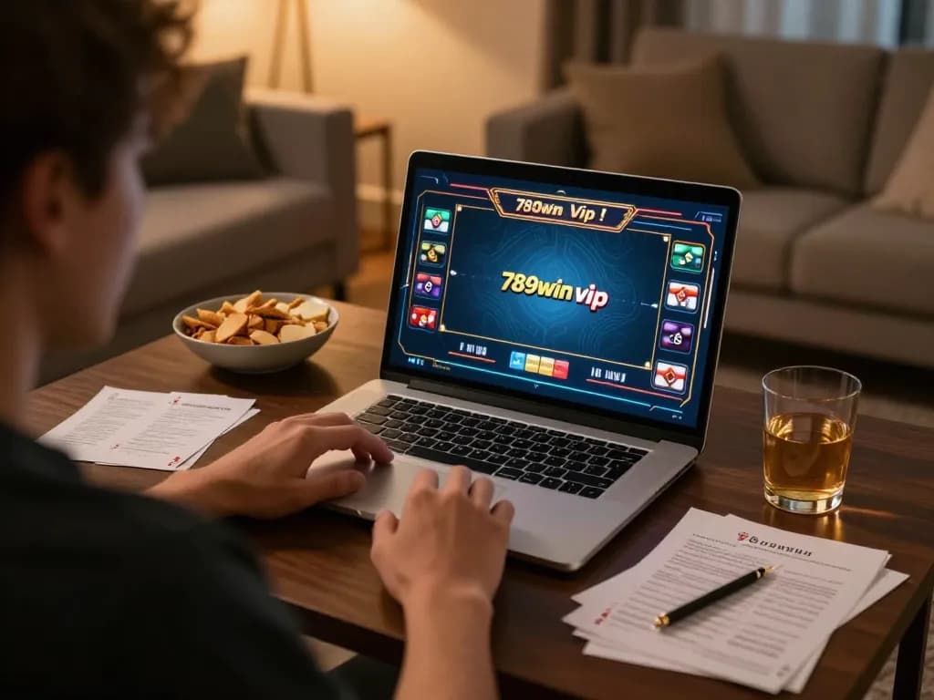 Player engaged in online gambling at 789win vip in a cozy home setup, showcasing strategic gameplay.