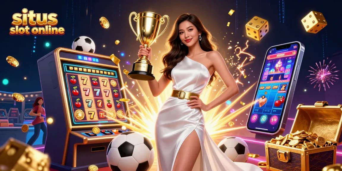 Main di situs slot online yang menampilkan wanita Asia pemenang trofi dan elemen kasino yang menarik dalam adegan yang dinamis.