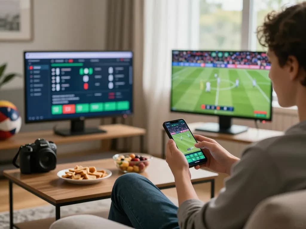 Engaged person using Sunwin app for sports betting on smartphone in cozy living room.