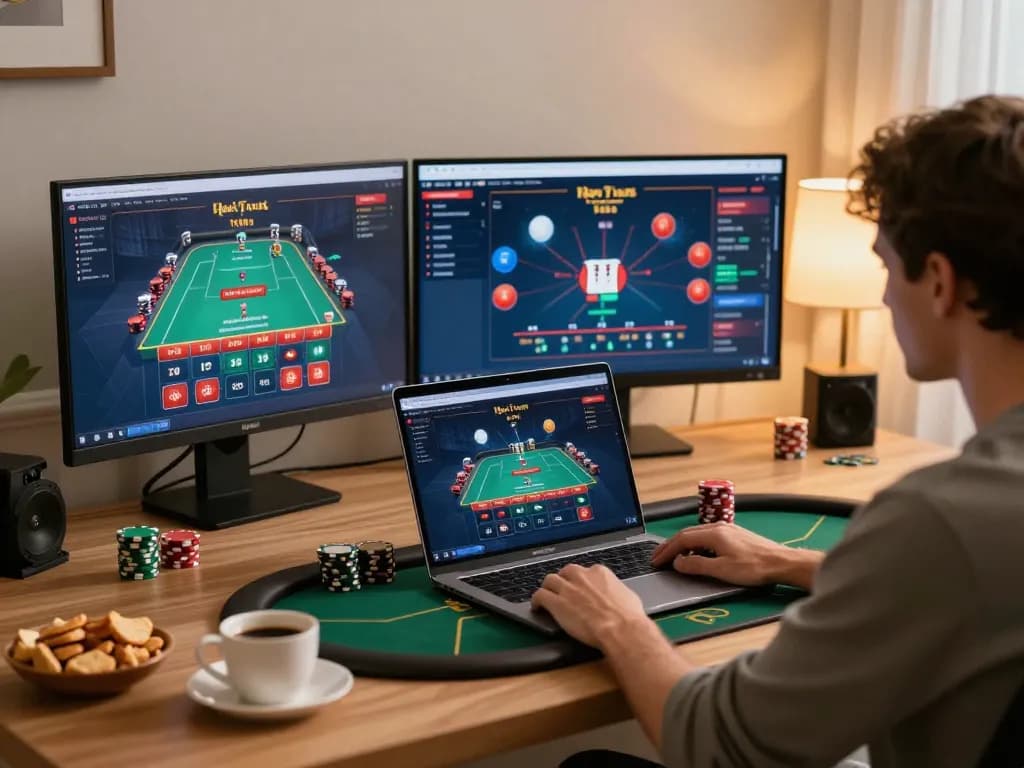 Player engaged in online gaming at lc 88, showcasing a laptop with a vibrant poker interface.