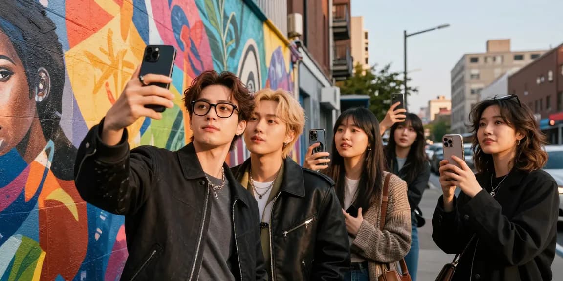 Young adult discovering their celebrity look alike through a selfie in a vibrant urban setting.