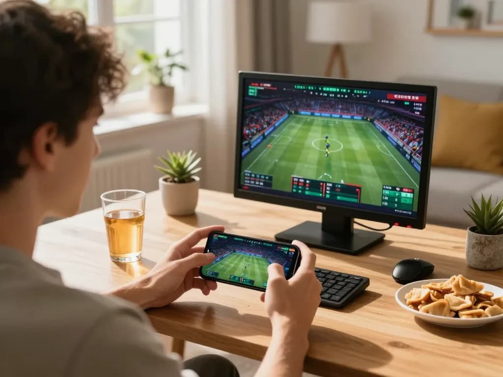 Experience thrilling sports betting with sun win on smartphone in a cozy home setting.
