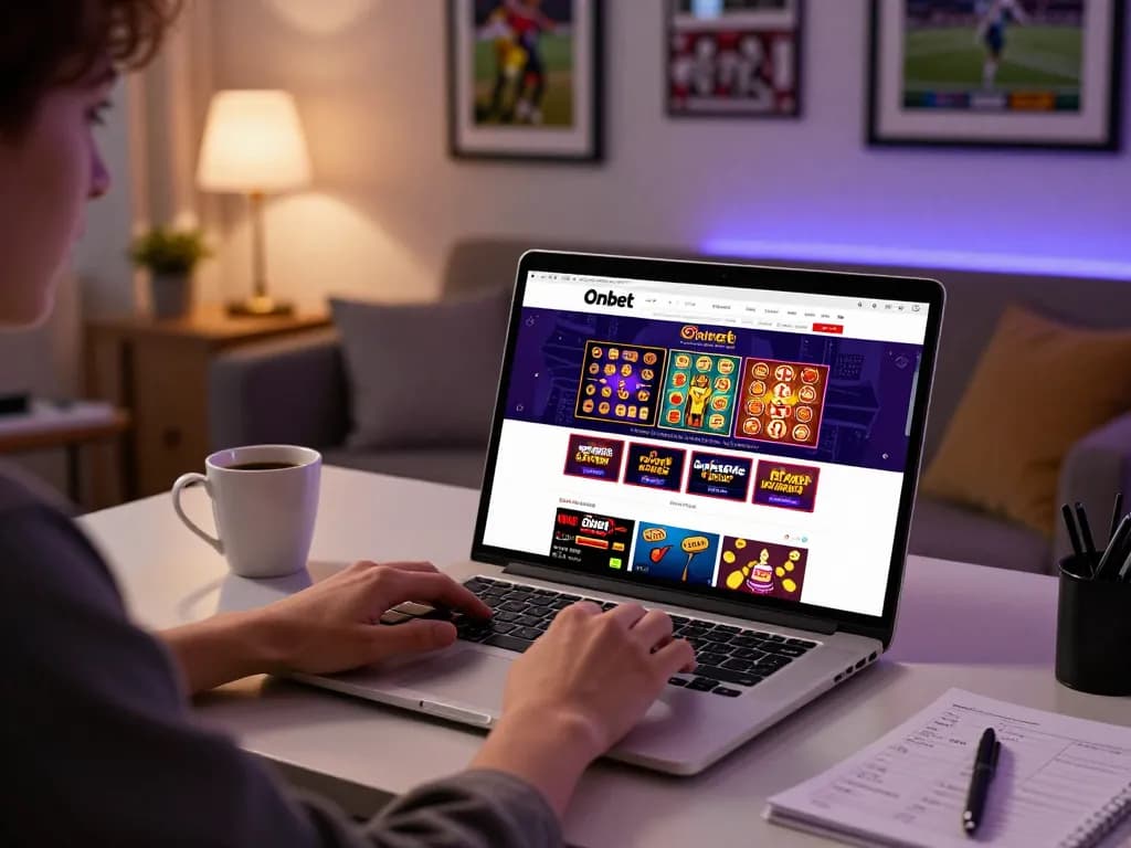 Engaging with Onbet casino on a laptop while enjoying a cozy home gaming atmosphere.