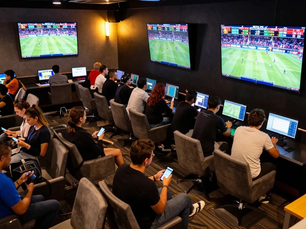 Excited patrons engaging in sports betting at 23win lounge, showcasing dynamic real-time odds.
