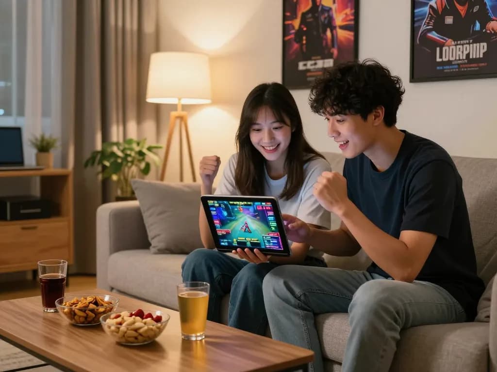 Young couple engaged in esports betting singapore while watching a live gaming match on their tablet.