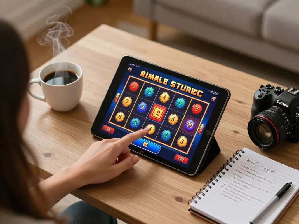 Player engaging with online slot interface on tablet amidst cozy home atmosphere