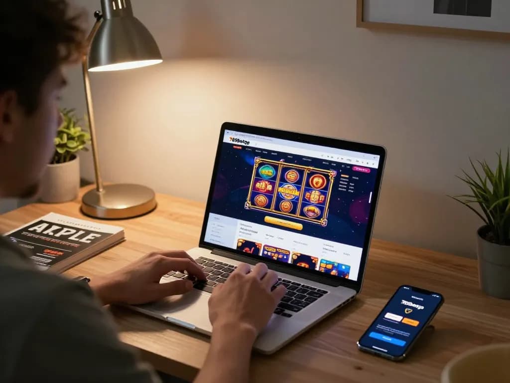 Engaging with 789betgo online casino interface on a cozy home office laptop.