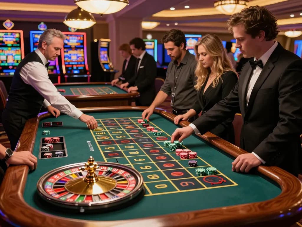Players engaging excitedly at a vaobet roulette table in a vibrant casino atmosphere
