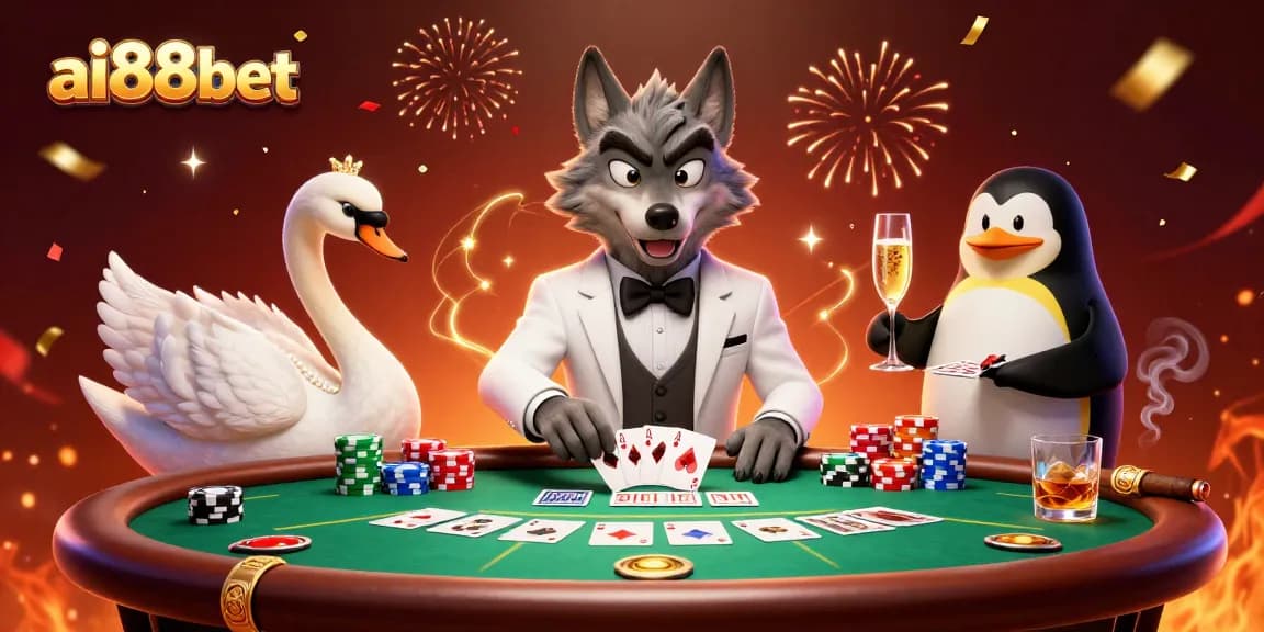 Experience excitement at ai88bet with a debonair wolf, swan dealer, and penguin sommelier in a vibrant casino scene.