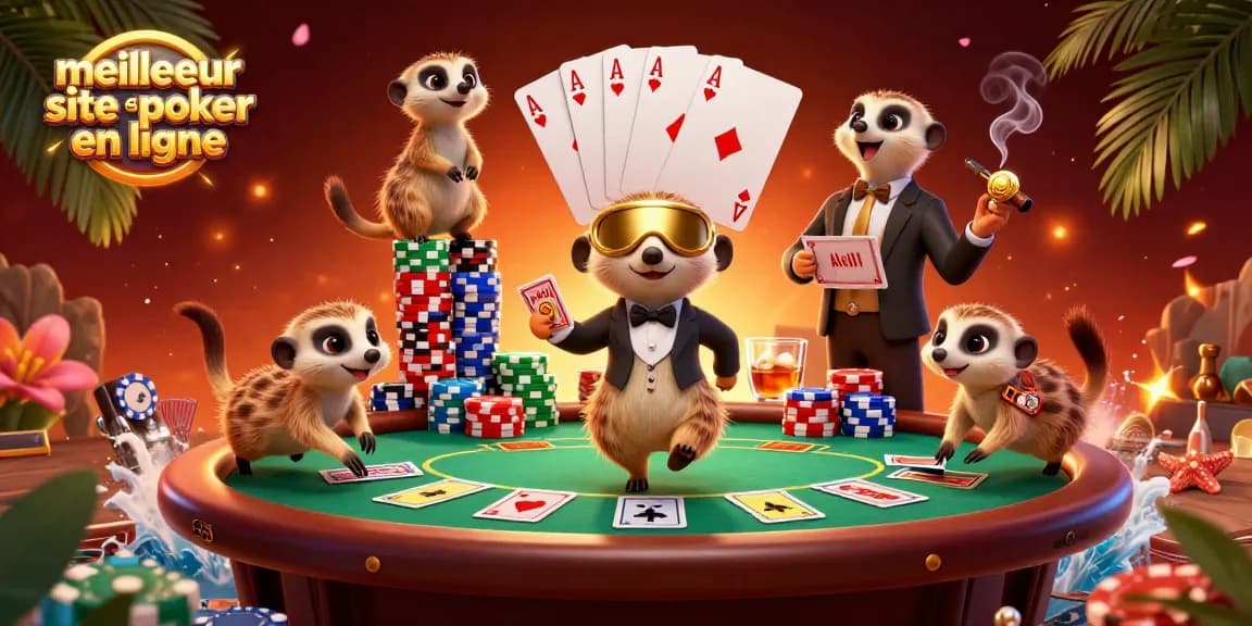 Déclenchez votre aventure au meilleur site de poker en ligne et observez les suricates jouer avec des jetons colorés.