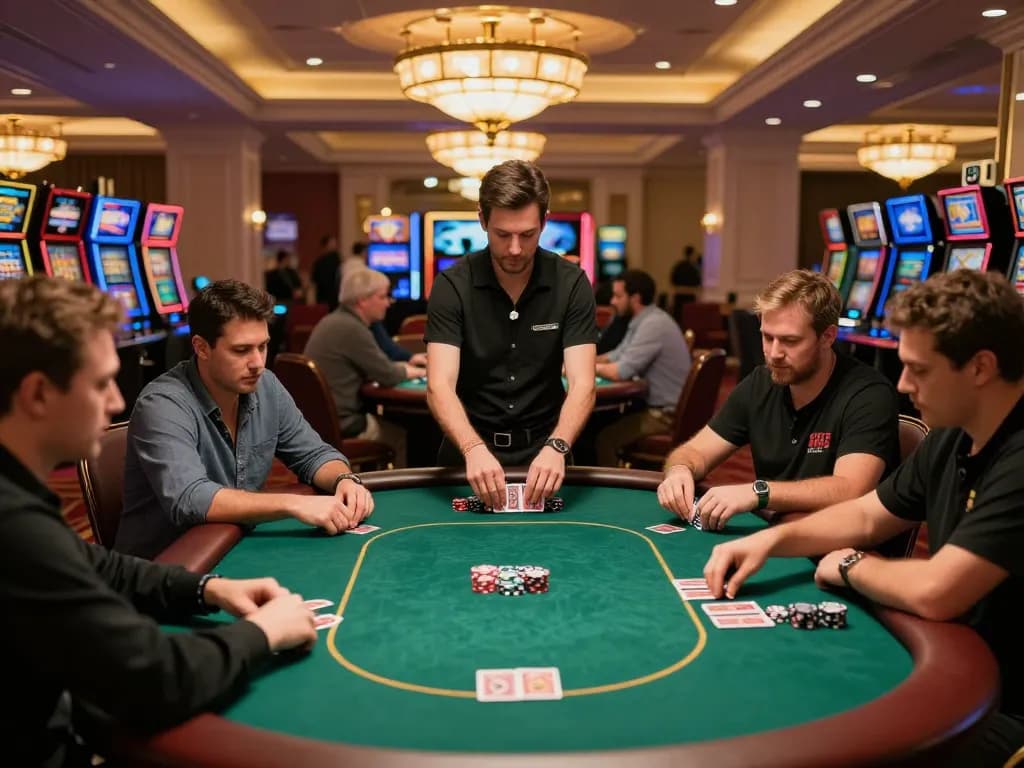 O8 poker game in a luxurious casino setting featuring engaged players, intense gameplay, and elegant decor.