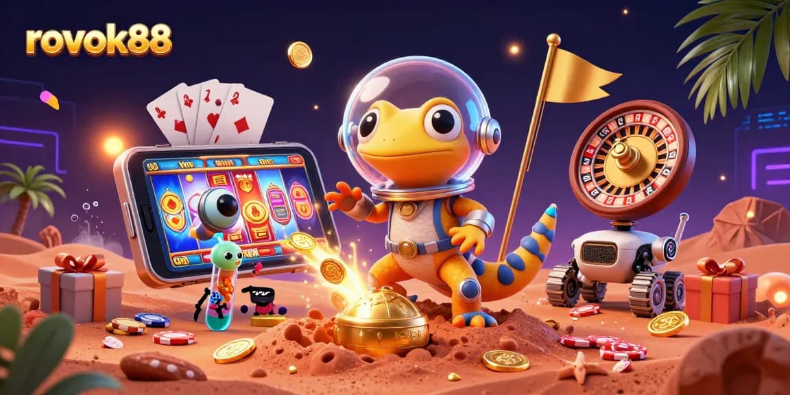 Experience rokok88 with a Martian gecko uncovering hidden treasures in a colorful casino.