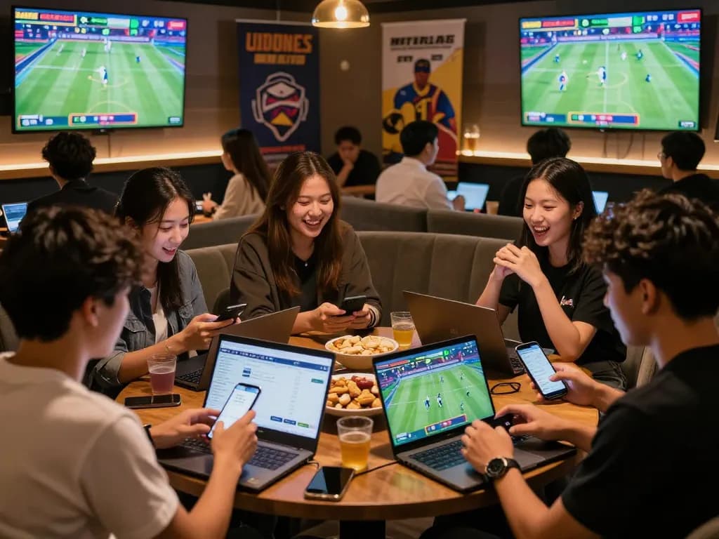 Friends enjoying live sports analysis while using the Myfairplay app in a vibrant gaming lounge.