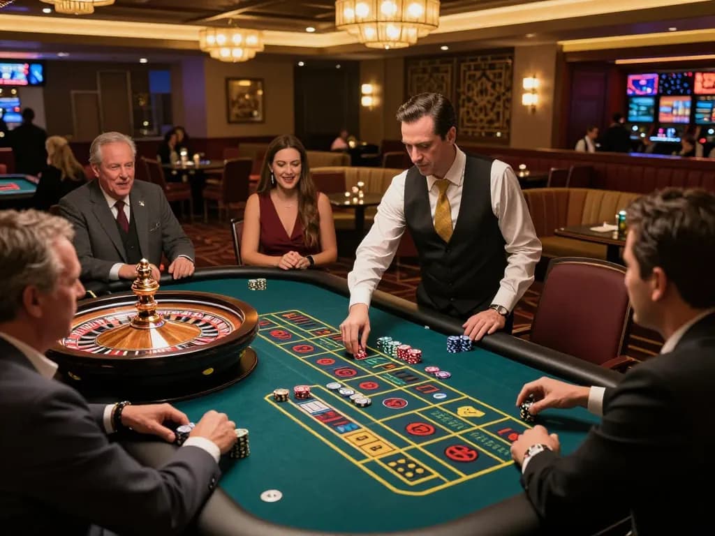 Houston Personal Injury Attorney guiding players at a roulette table in a vibrant casino atmosphere.