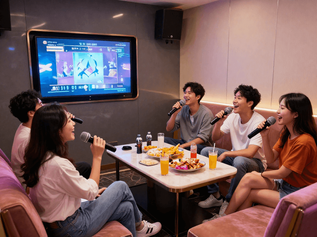 유앤미 가라오케의 아늑한 프라이빗 룸에서 친구들과 노래를 즐기는 장면