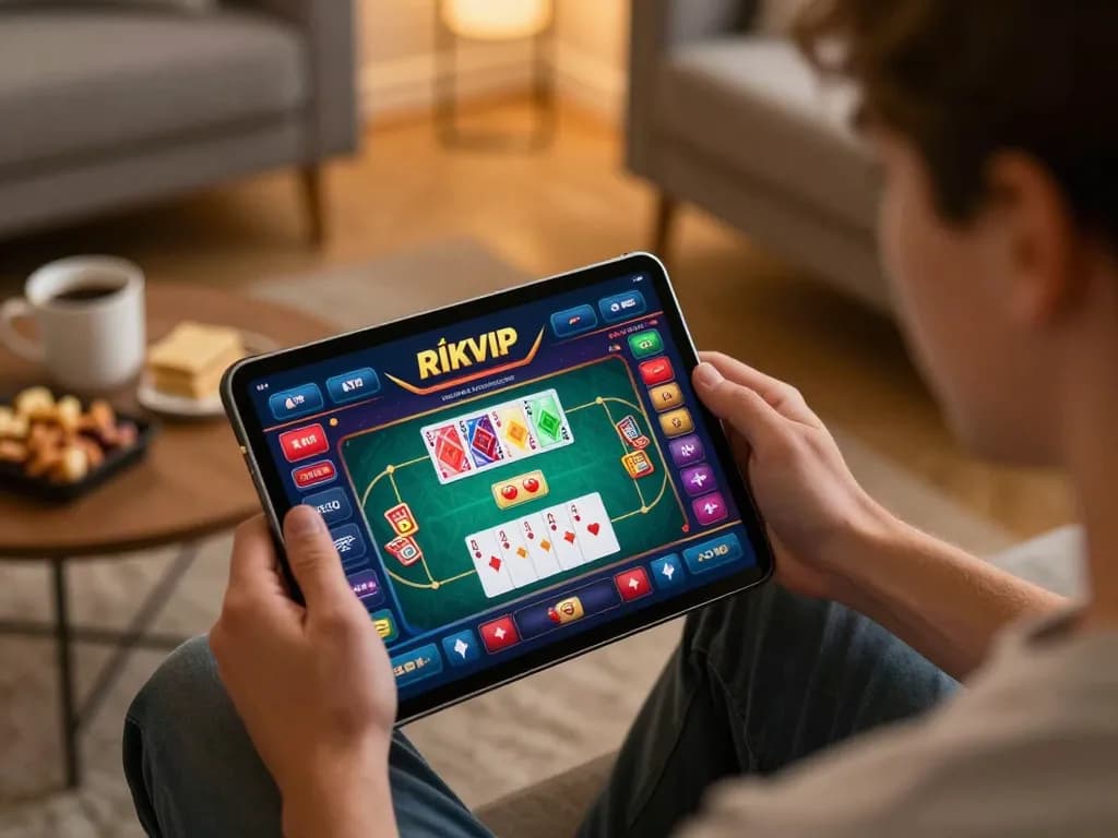Player engaging with the RIKVIP casino app on a tablet while seated at home.