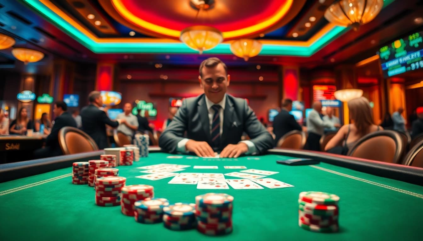 bbni4d at a lively casino table with players engaged in poker.