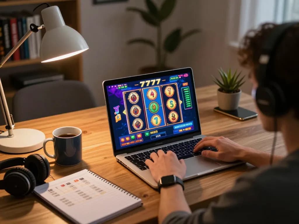 Gaming enthusiast enjoying a vibrant slot777 game on a laptop in a cozy home environment