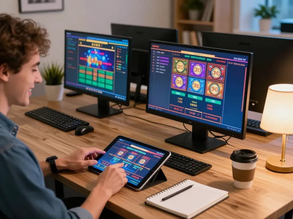 Engaging in online casino gaming at home with link go8 application on screen, capturing strategy notes and cozy ambiance.