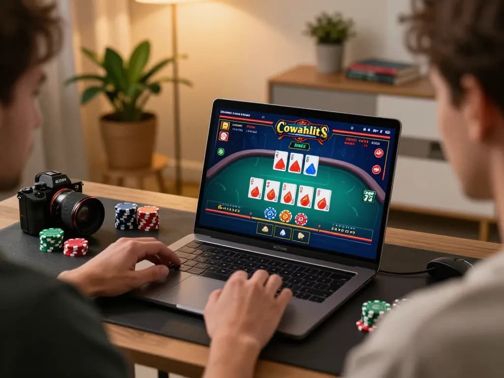 Player engaged in online gaming on laptop at home with Jun 88 logo on screen, showcasing vibrant casino atmosphere.