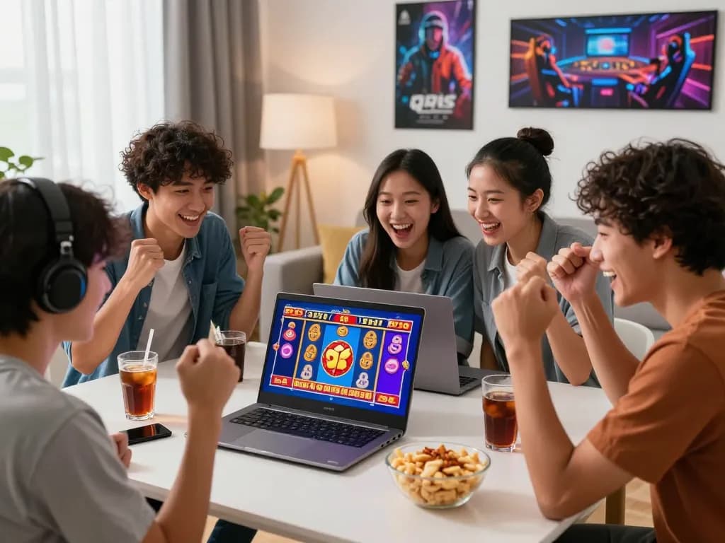Players celebrating a slot qris jackpot win in a lively e-commerce setting.