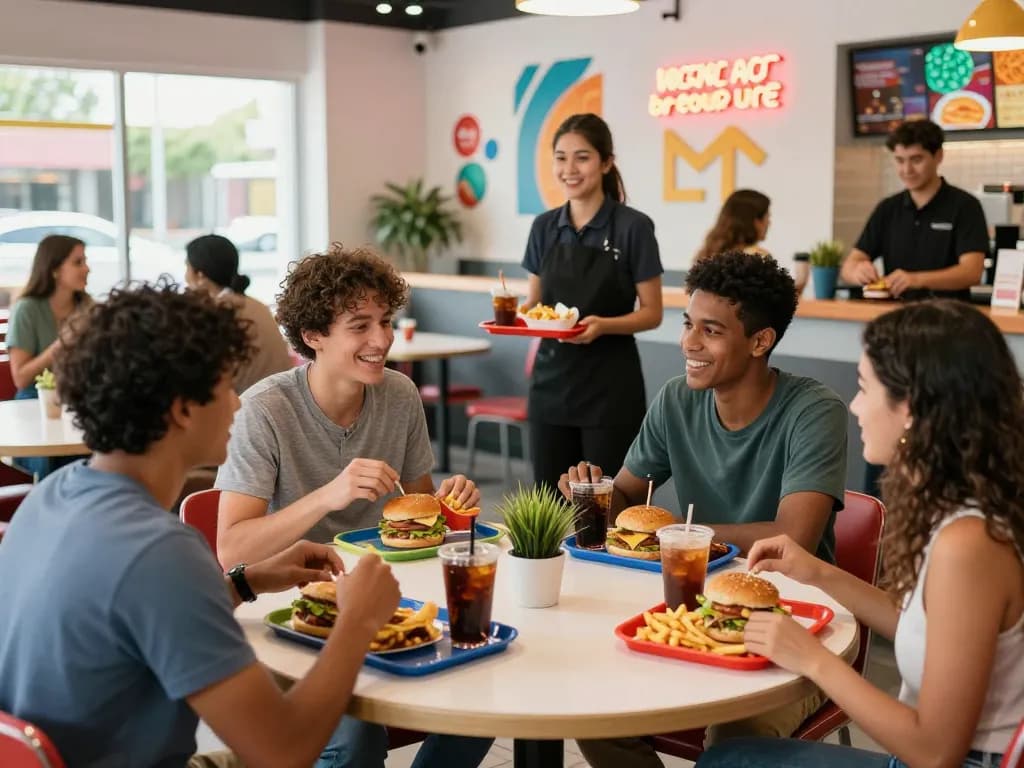 Fast food menu items shared among friends in a lively restaurant setting