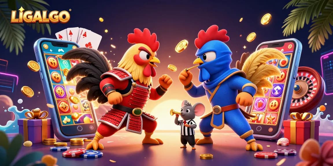 LIGALGO showcases an epic battle between cartoon roosters, amid vibrant casino elements.