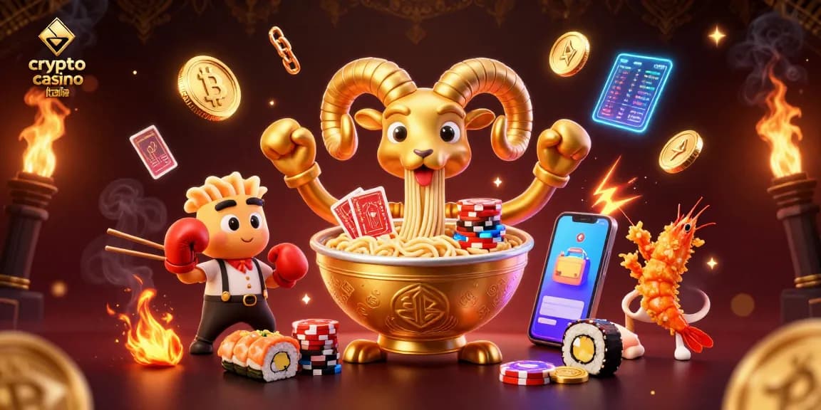 Giocare ai crypto casino Italia con divertenti personaggi e monete luminose in un'illustrazione vivace.