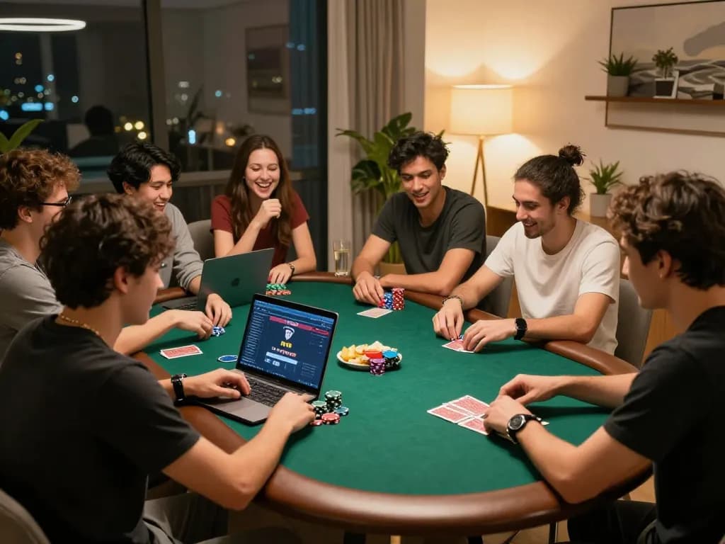Friends enjoying poker online at a stylish dining table with snacks and laptops.