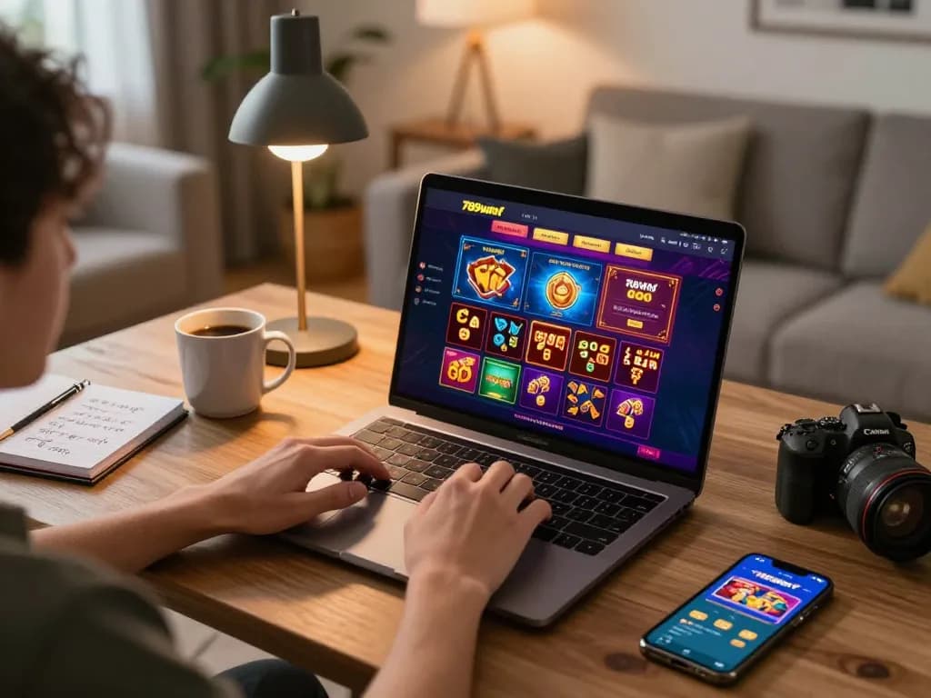 Engaging with 789winf on a laptop, showcasing online gaming excitement and strategy.