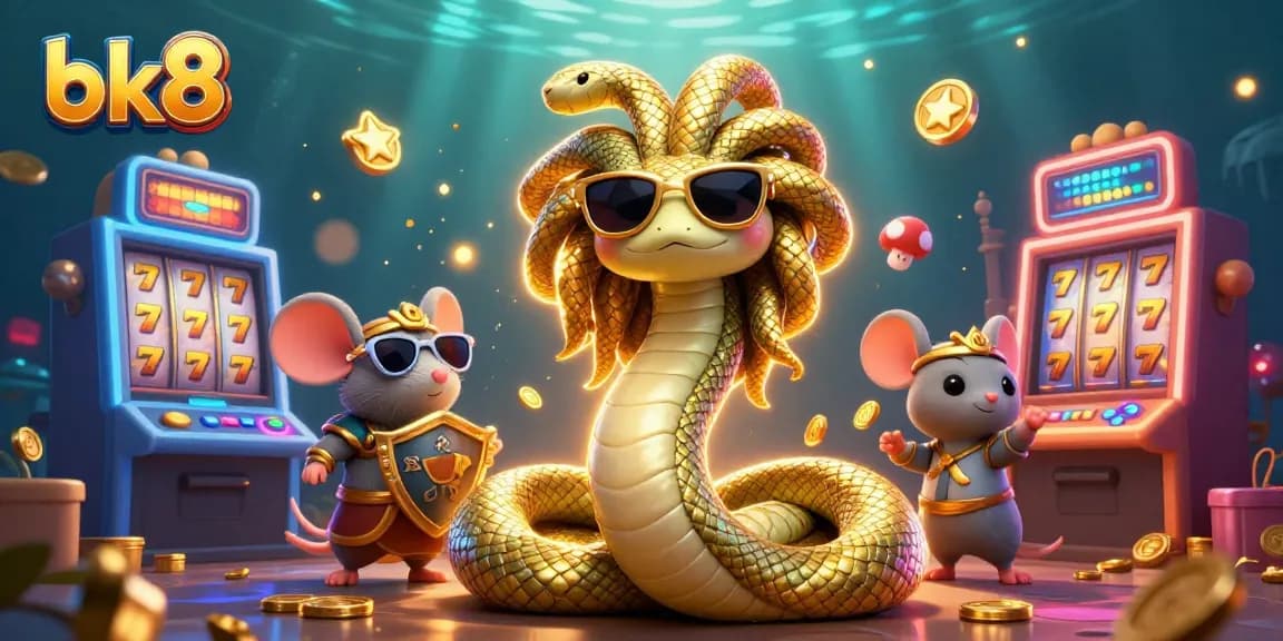 Play at bk8 and spin slot machines in a vibrant 3D gaming scene with Medusa and a warrior mouse.