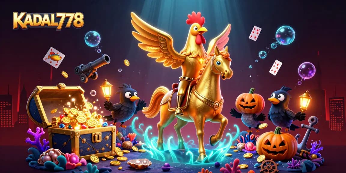 KADAL778 brings vibrant gaming excitement with a golden rooster and spectral horse in a thrilling casino scene